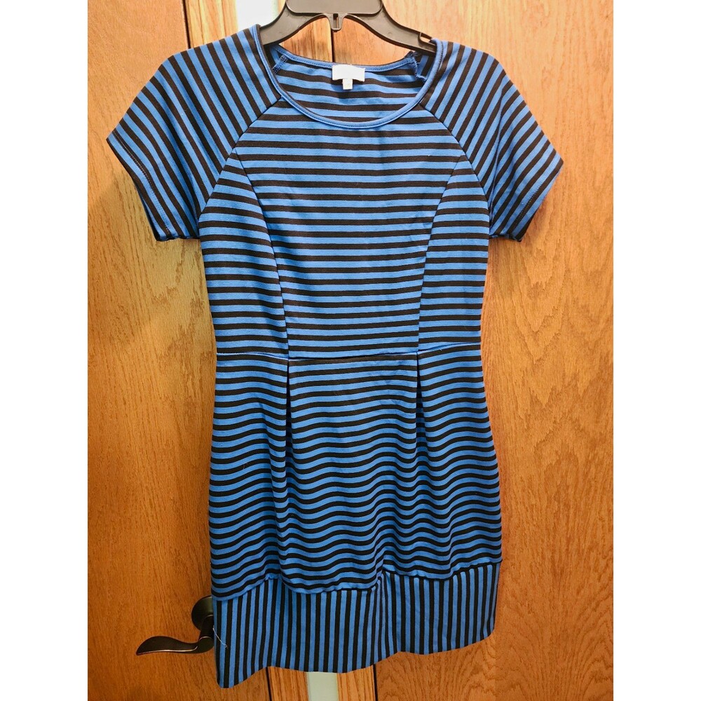Pixley Blue Black Striped Fit and Flare Dress S Side Zip Short Sleeve Mini
